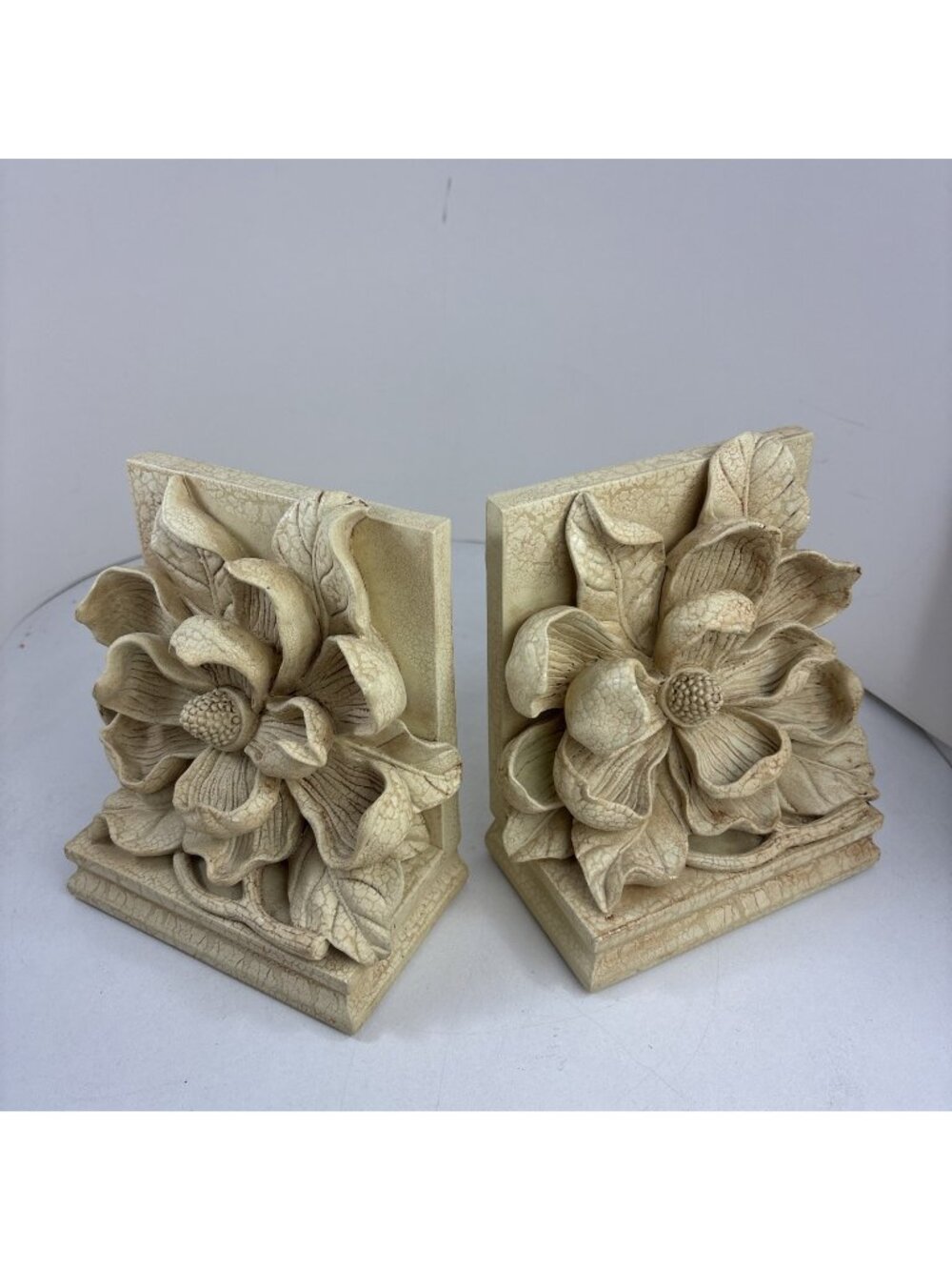 CBK Ltd Vintage 1998 Beige Magnolia Blossom Heavy Resin Bookends